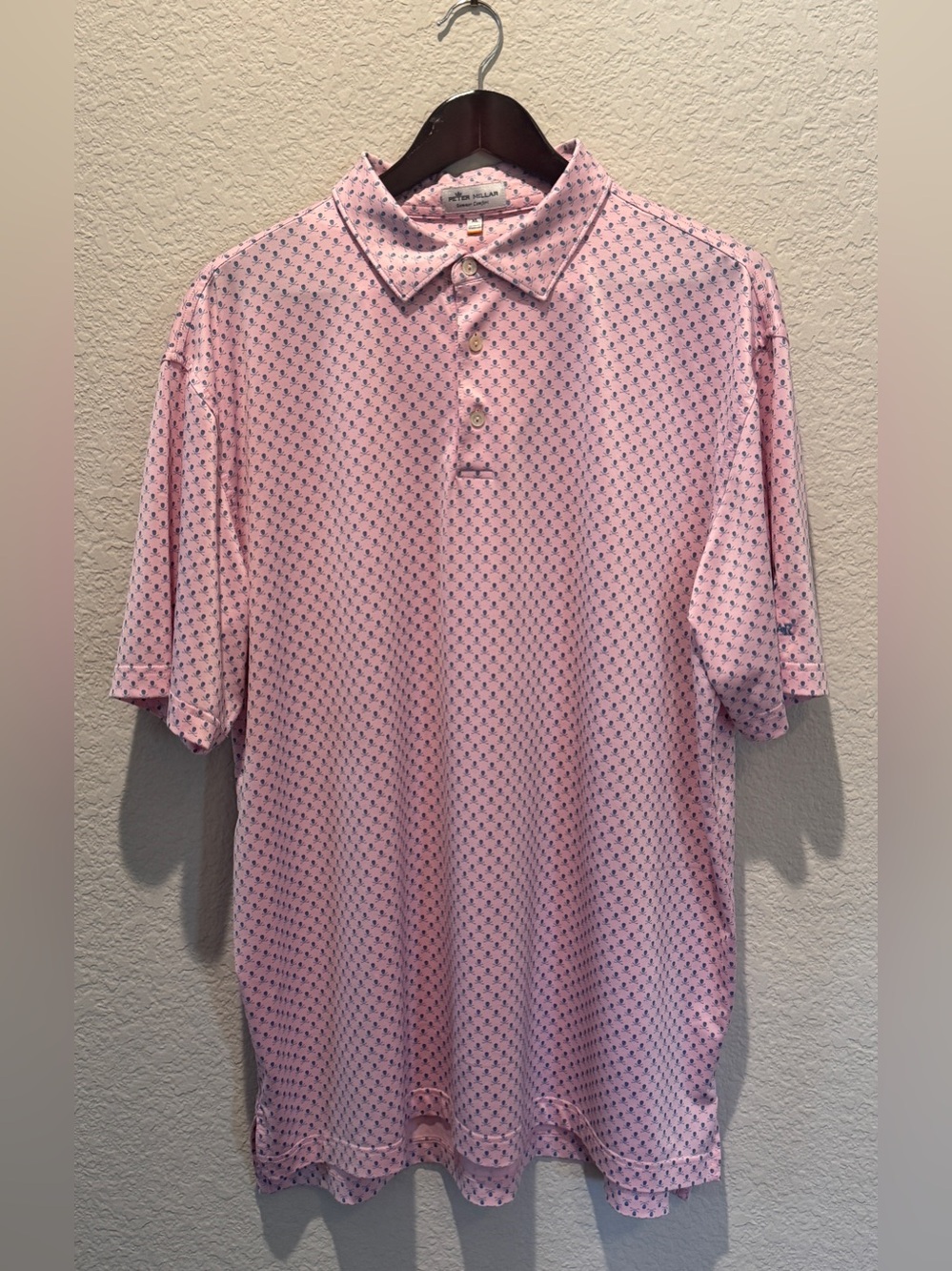 Peter Millar Light Pink Polo with Navy Micro Print Skull / Clubs, Size XL
